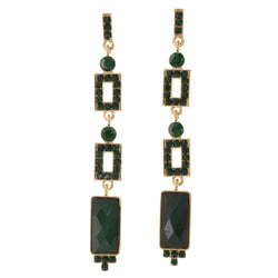Green & Gold-Tone Colored Metal Drop-Dangle-Earrings With Crystal Accents #2059