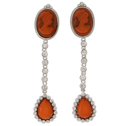 Ornate Drop-Dangle-Earrings With Crystal Accents Orange & Silver-Tone Colored #2074