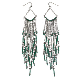 Green & Black Colored Metal Tassel-Earrings With Bead Accents #2090