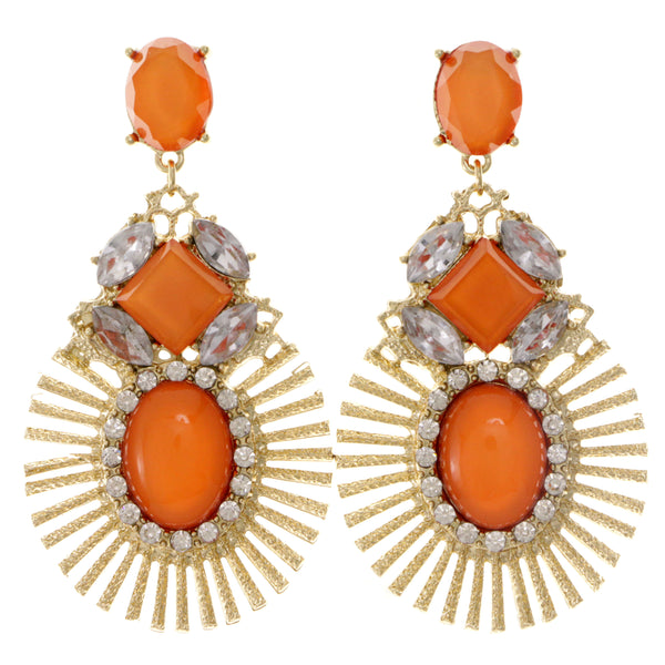 Orange & Gold-Tone Colored Metal Drop-Dangle-Earrings With Crystal Accents #2109