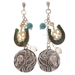 Horse Horseshoe Shamrock Drop-Dangle-Earrings With Bead Accents Colorful & Gold-Tone Colored #2111