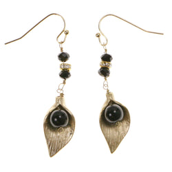 Gold-Tone & Black Colored Metal Dangle-Earrings With Crystal Accents #2131