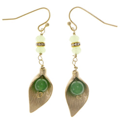 Leaves Dangle-Earrings With Crystal Accents Green & Gold-Tone Colored #2134