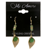 Leaves Dangle-Earrings With Crystal Accents Green & Gold-Tone Colored #2134