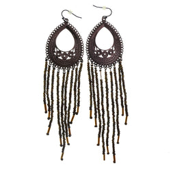 Brown Metal Dangle-Earrings With Bead Accents #2156