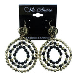 Gold-Tone & Black Colored Acrylic Dangle-Earrings With Bead Accents #2161