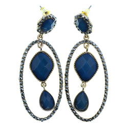 Gold-Tone & Blue Colored Metal Dangle-Earrings With Faceted Accents #2165