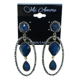 Gold-Tone & Blue Colored Metal Dangle-Earrings With Faceted Accents #2165