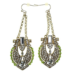 Gold-Tone & Green Colored Metal Dangle-Earrings With Crystal Accents #2166