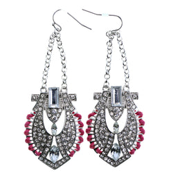 Silver-Tone & Pink Colored Metal Dangle-Earrings With Crystal Accents #2167