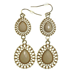 Gold-Tone & White Colored Metal Dangle-Earrings With Faceted Accents #2179