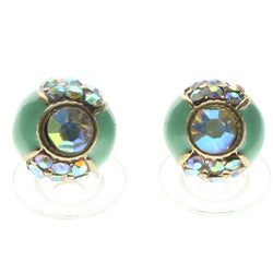 Green & Gold-Tone Colored Metal Stud-Earrings With Crystal Accents #608