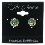 Green & Gold-Tone Colored Metal Stud-Earrings With Crystal Accents #608