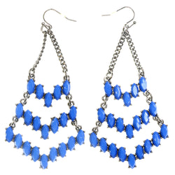 Silver-Tone & Blue Colored Metal Dangle-Earrings With Stone Accents #2191