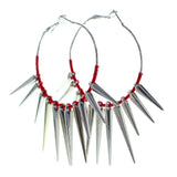 Spike String Hoop-Earrings With Bead Accents Silver-Tone & Red Colored #611