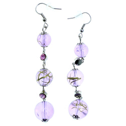 Purple & Silver-Tone Colored Metal Dangle-Earrings With Bead Accents #2195