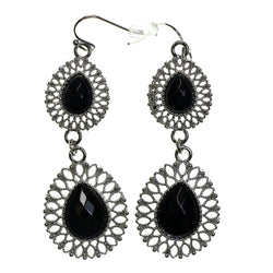 Silver-Tone & Black Colored Metal Dangle-Earrings With Faceted Accents #2211