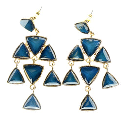 Gold-Tone & Blue Colored Metal Dangle-Earrings With Faceted Accents #2214