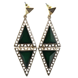 Gold-Tone & Green Colored Metal Dangle-Earrings With Faceted Accents #2223