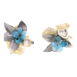 Flower Stud-Earrings With Stone Accents Silver-Tone & Blue Colored #2224