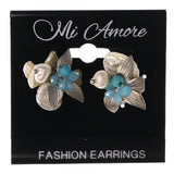 Flower Stud-Earrings With Stone Accents Silver-Tone & Blue Colored #2224