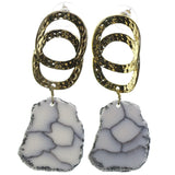 Gold-Tone & White Colored Metal Dangle-Earrings With Stone Accents #2233