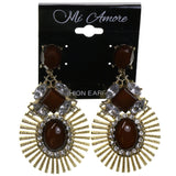 Gold-Tone & Brown Colored Metal Dangle-Earrings With Stone Accents #2247