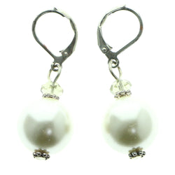 Silver-Tone & White Colored Metal Drop-Dangle-Earrings With Bead Accents #616