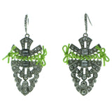 Silver-Tone & Green Colored Metal Dangle-Earrings With Crystal Accents #619