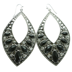 Silver-Tone & Black Colored Metal Dangle-Earrings With Crystal Accents #623