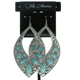 Silver-Tone & Blue Colored Metal Dangle-Earrings With Crystal Accents #624