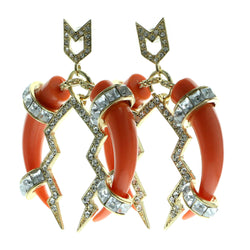 Gold-Tone & Orange Colored Metal Dangle-Earrings With Crystal Accents #628
