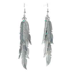 Feather Dangle-Earrings Silver-Tone & Blue Colored #649
