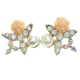 Rose Stud-Earrings With Crystal Accents Gold-Tone & Peach Colored #669