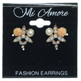 Rose Stud-Earrings With Crystal Accents Gold-Tone & Peach Colored #669