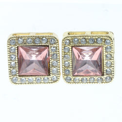 Gold-Tone & Pink Colored Metal Stud-Earrings With Crystal Accents #684