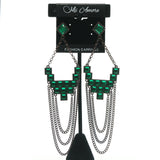 Bronze-Tone & Green Colored Metal Dangle-Earrings With Crystal Accents #694