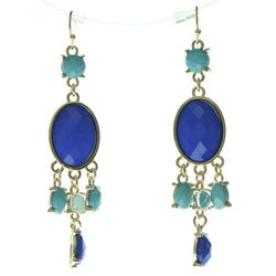 Gold-Tone & Blue Colored Metal Dangle-Earrings With Faceted Accents #713