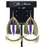 Gold-Tone & Purple Colored Metal Dangle-Earrings With Bead Accents #715