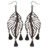 Dangle Leaf Earrings With Bead Accents Silver-Tone & Black Colored #718