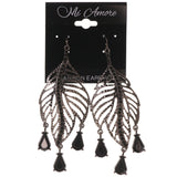 Dangle Leaf Earrings With Bead Accents Silver-Tone & Black Colored #718