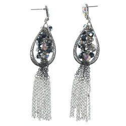 Silver-Tone & Black Colored Metal Dangle-Earrings With Crystal Accents #729