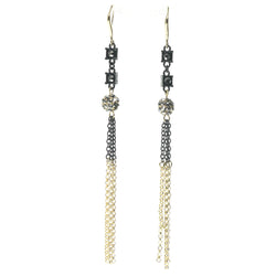 Gold-Tone & Black Colored Metal Drop-Dangle-Earrings With Crystal Accents #734