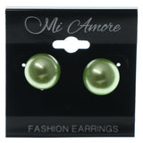 Green & Silver-Tone Colored Metal Stud-Earrings With Bead Accents #744