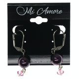 Purple & Silver-Tone Colored Metal Dangle-Earrings With Bead Accents #747