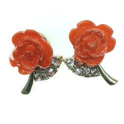 Rose Stud-Earrings With Crystal Accents Red & Gold-Tone Colored #753