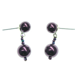 Purple & Silver-Tone Colored Acrylic Dangle-Earrings With Bead Accents #757