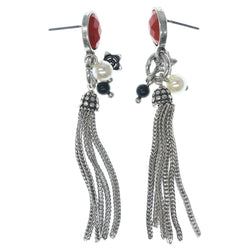 Flower Dangle-Earrings With Bead Accents Silver-Tone & Red Colored #771