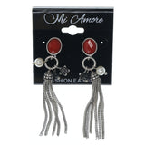 Flower Dangle-Earrings With Bead Accents Silver-Tone & Red Colored #771