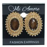 Gold-Tone & Brown Colored Metal Stud-Earrings With Faceted Accents #774